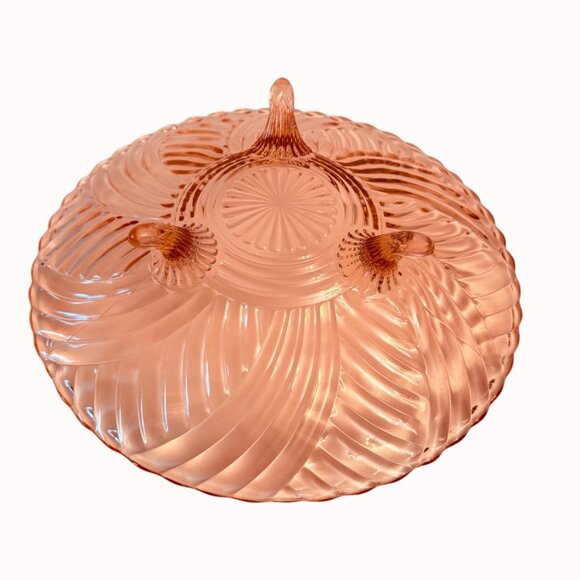 Romantic Pink Depression Glass Bowl Swirl Ribbed Footed Plate Scalloped Home Dec - Picture 6 of 11